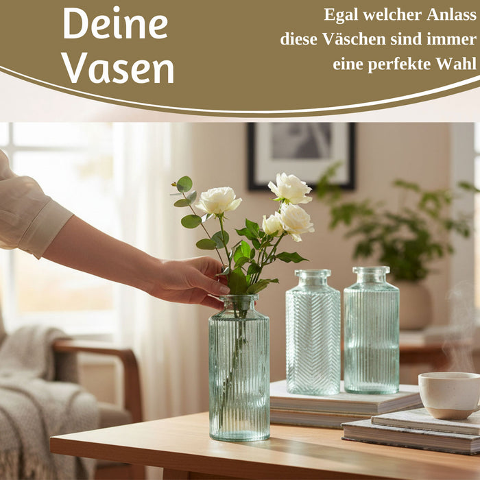 4x Retro Glas Vase 14cm Salbei Grün Set Blumenvase Deko Tischvase Väschen