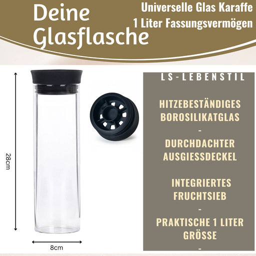 KI-generiertes Bild,2x Glas Flasche Wasserkaraffe 1L Borosilikatglas Deckel Sieb Karaffe Krug Flasche