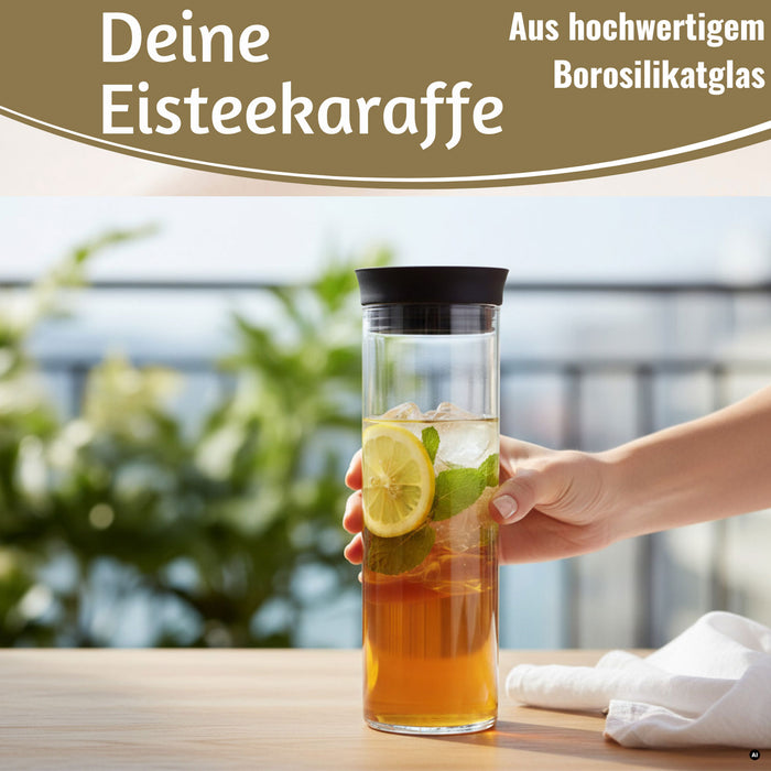 Glas Flasche Wasserkaraffe 1L Borosilikatglas Deckel Sieb Karaffe Krug Flasche
