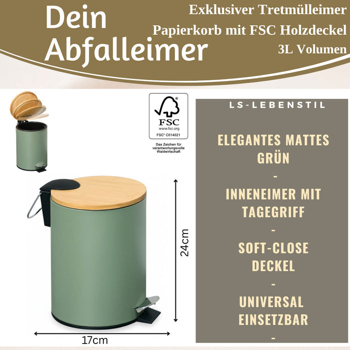 Tretmülleimer Papierkorb 3L Grün Soft Close Rund Kosmetikeimer Fußpedal Mülleimer