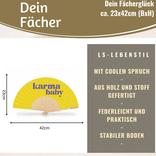 KI-generiertes Bild,Handfächer Holz Stoff Fächer "Karma Baby" Gelb Lila faltbar Faltfächer