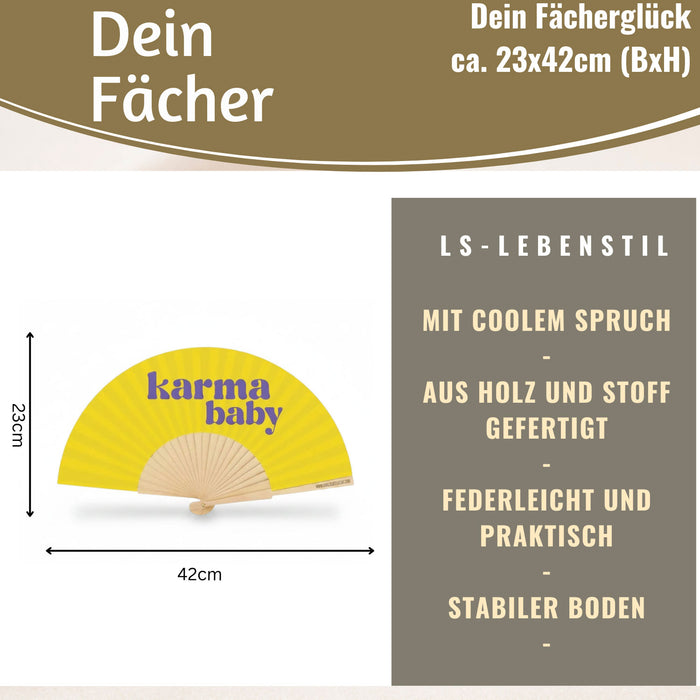 KI-generiertes Bild,Handfächer Holz Stoff Fächer "Karma Baby" Gelb Lila faltbar Faltfächer