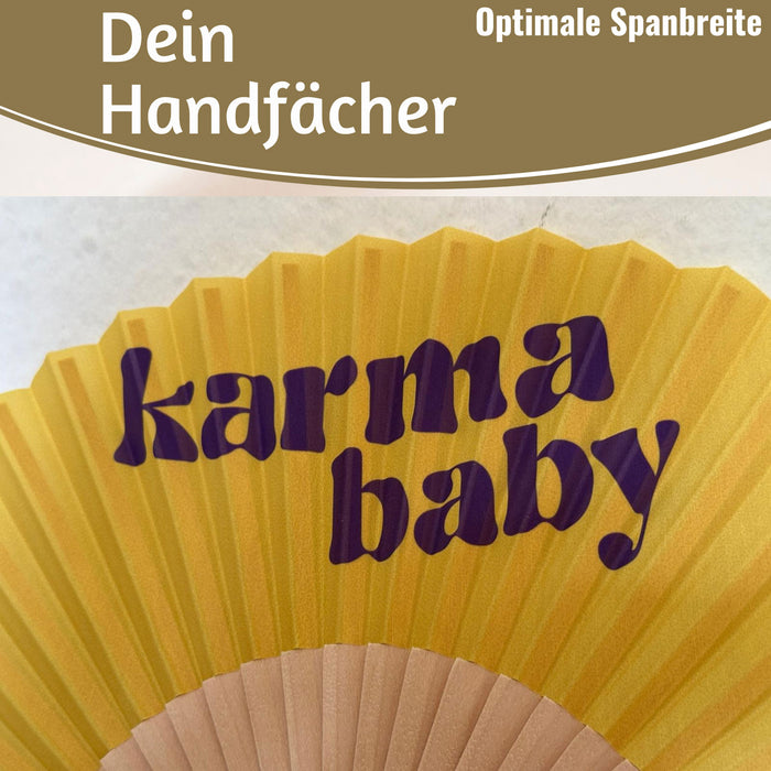 KI-generiertes Bild,Handfächer Holz Stoff Fächer "Karma Baby" Gelb Lila faltbar Faltfächer