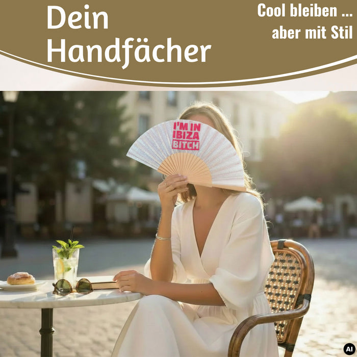 KI-generiertes Bild,Handfächer Holz Stoff Fächer "Karma Baby" Gelb Lila faltbar Faltfächer