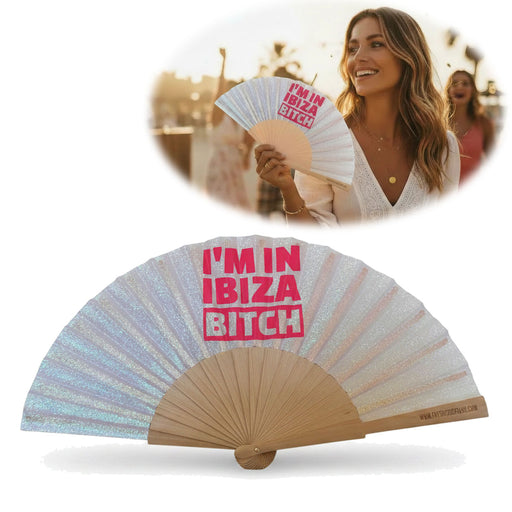 KI-generiertes Bild Handfächer Holz Stoff Fächer "Ibiza Bitch" Weiß Silber Glitzer faltbar Faltfächer