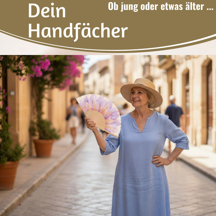 Handfächer Holz Stoff Fächer "Blume" Lila Pink Rose faltbar Faltfächer