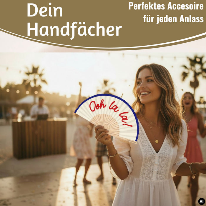 KI-generiertes Bild,Handfächer Holz Stoff Fächer "Karma Baby" Gelb Lila faltbar Faltfächer