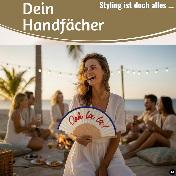 KI-generiertes Bild,Handfächer Holz Stoff Fächer "Karma Baby" Gelb Lila faltbar Faltfächer