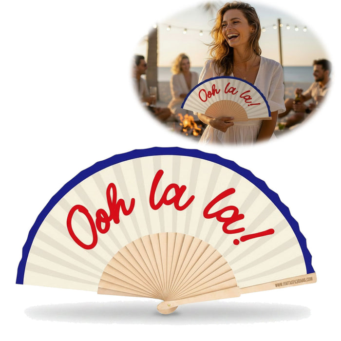 KI-generiertes Bild Handfächer Holz Stoff Fächer "Ooh La La" Weiß Blau Rot faltbar Faltfächer