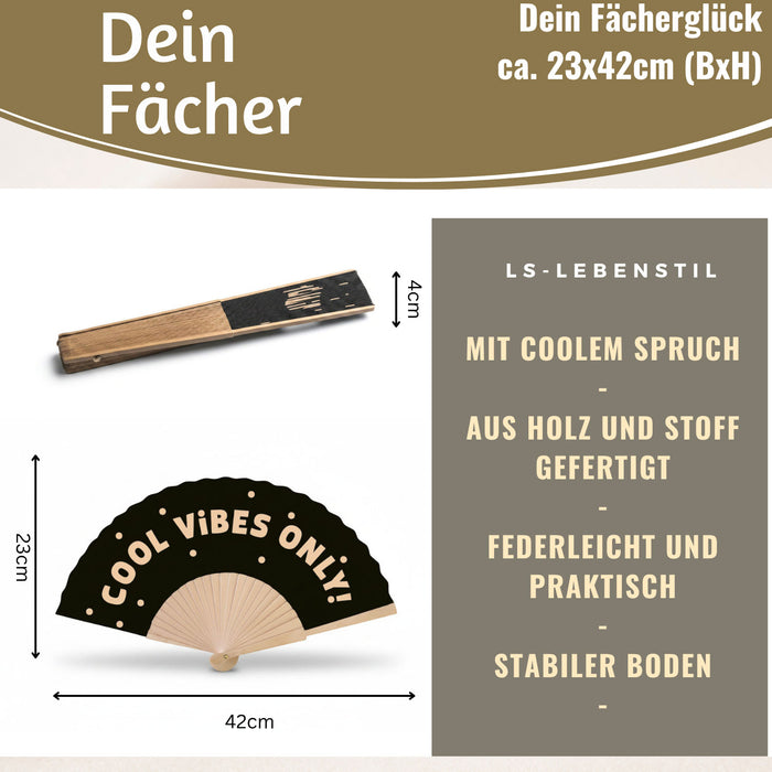 Handfächer Holz Stoff Fächer "Cool Vibes Only" Schwarz faltbar Faltfächer