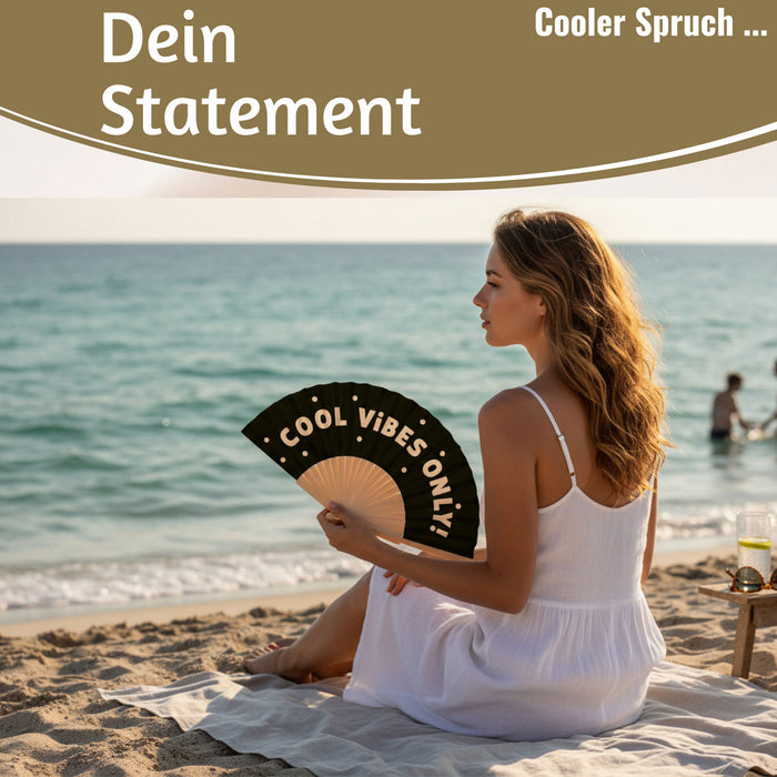 Handfächer Holz Stoff Fächer "Cool Vibes Only" Schwarz faltbar Faltfächer