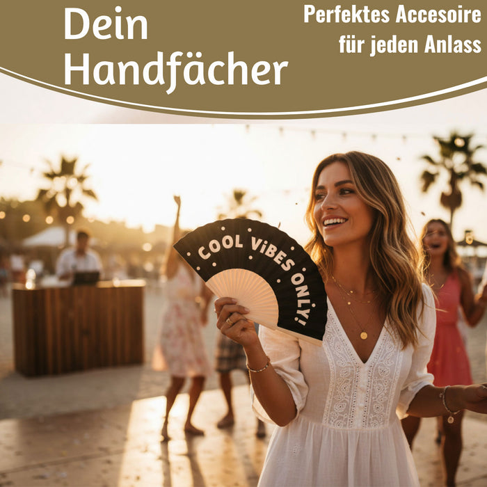 Handfächer Holz Stoff Fächer "Cool Vibes Only" Schwarz faltbar Faltfächer