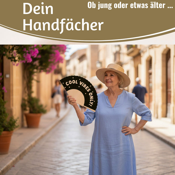 Handfächer Holz Stoff Fächer "Cool Vibes Only" Schwarz faltbar Faltfächer