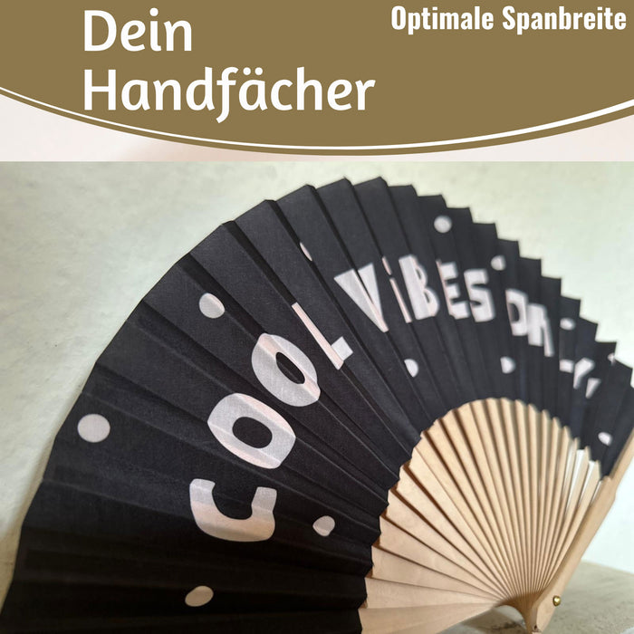 Handfächer Holz Stoff Fächer "Cool Vibes Only" Schwarz faltbar Faltfächer