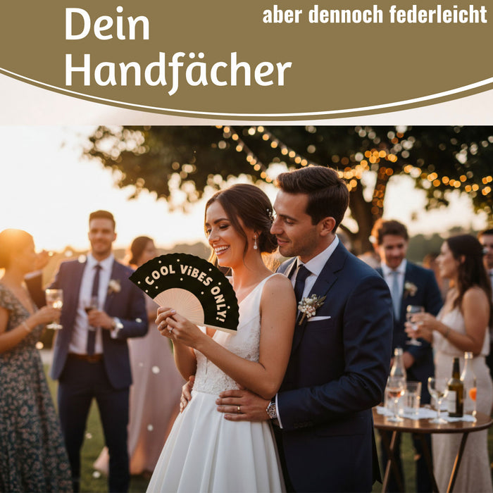 Handfächer Holz Stoff Fächer "Cool Vibes Only" Schwarz faltbar Faltfächer