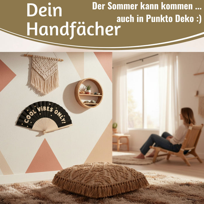 Handfächer Holz Stoff Fächer "Cool Vibes Only" Schwarz faltbar Faltfächer