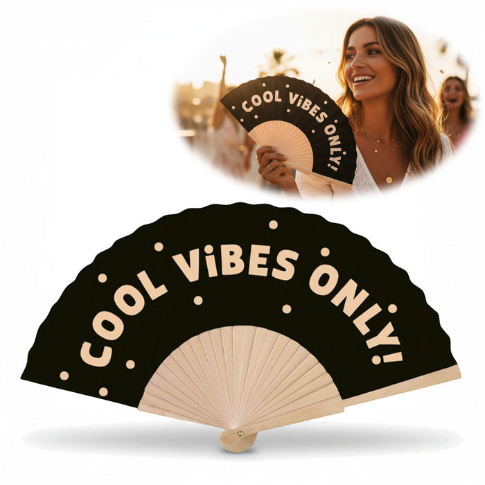 Handfächer Holz Stoff Fächer "Cool Vibes Only" Schwarz faltbar Faltfächer