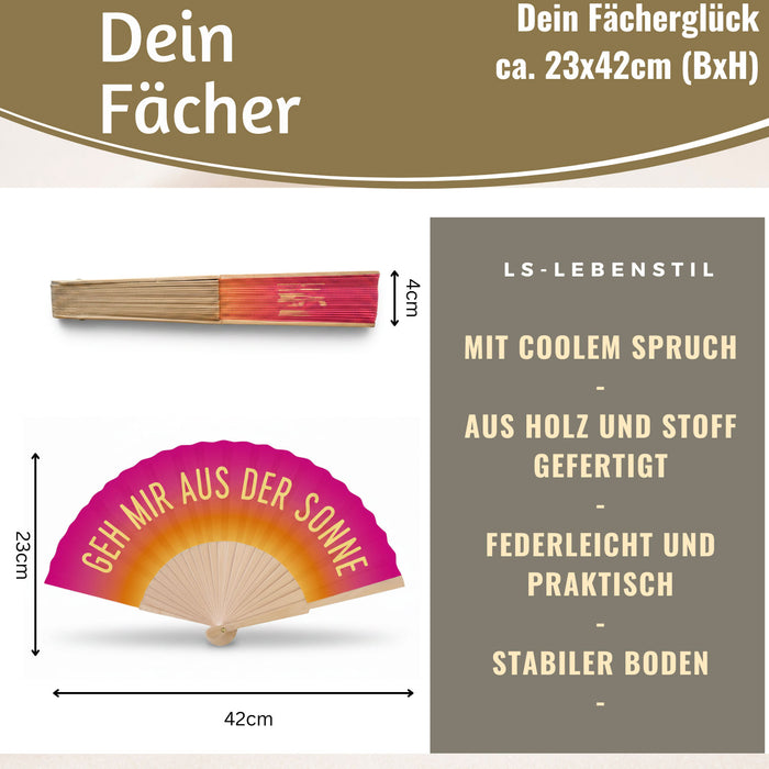 Handfächer Holz Stoff Fächer "Geh mir aus der Sonne" Pink faltbar Faltfächer