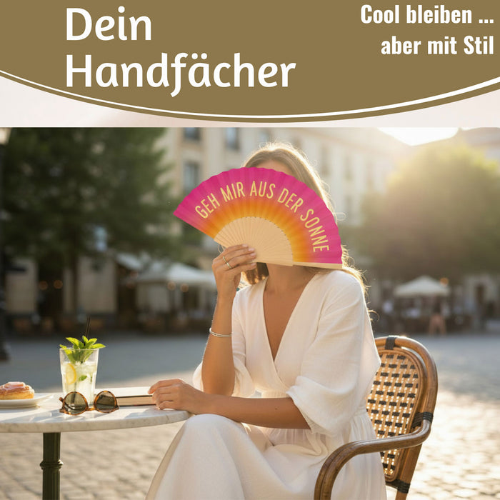 Handfächer Holz Stoff Fächer "Geh mir aus der Sonne" Pink faltbar Faltfächer