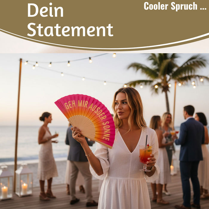 Handfächer Holz Stoff Fächer "Geh mir aus der Sonne" Pink faltbar Faltfächer