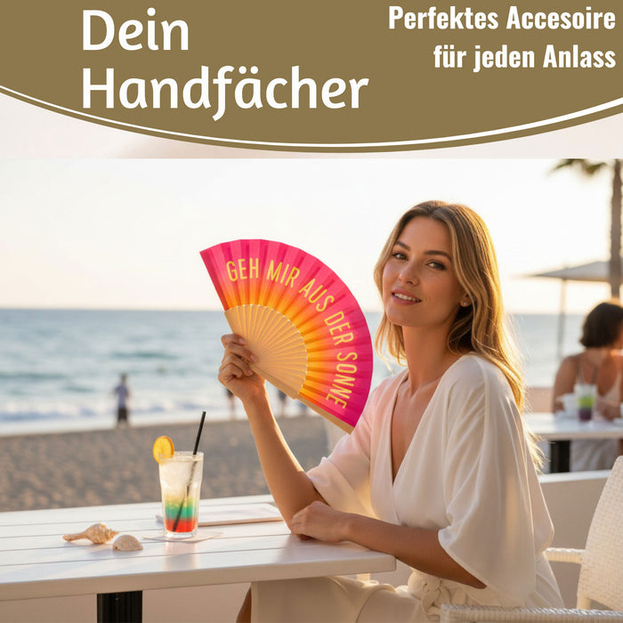Handfächer Holz Stoff Fächer "Geh mir aus der Sonne" Pink faltbar Faltfächer