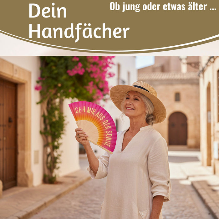 Handfächer Holz Stoff Fächer "Geh mir aus der Sonne" Pink faltbar Faltfächer