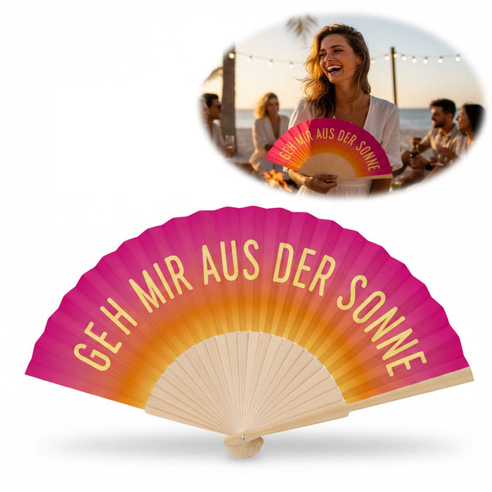 Handfächer Holz Stoff Fächer "Geh mir aus der Sonne" Pink faltbar Faltfächer