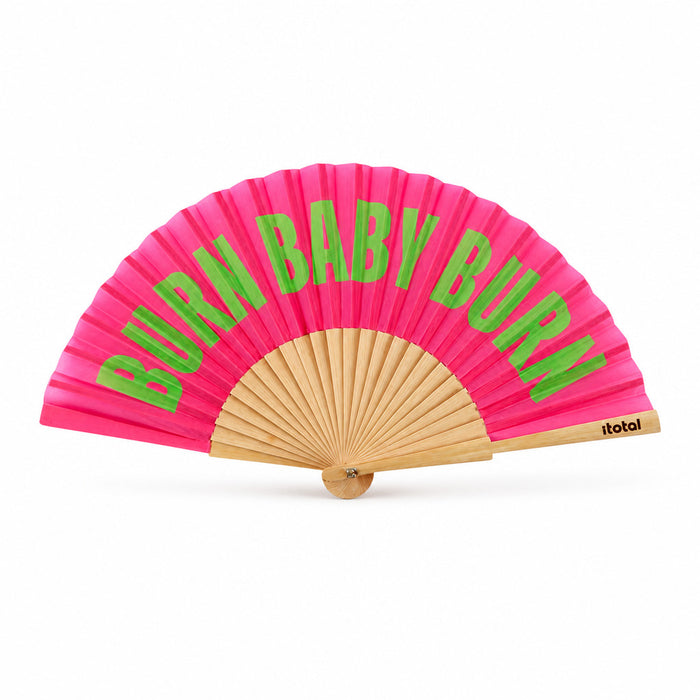 Handfächer Holz Stoff Fächer "Burn Baby Burn" Rosa Pink Grün faltbar Faltfächer