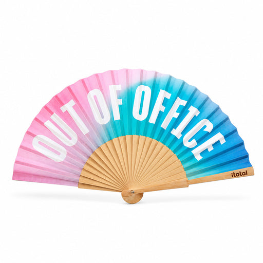 Handfächer Holz Stoff Fächer "Out of Office" Rosa Türkis Blau faltbar Faltfächer