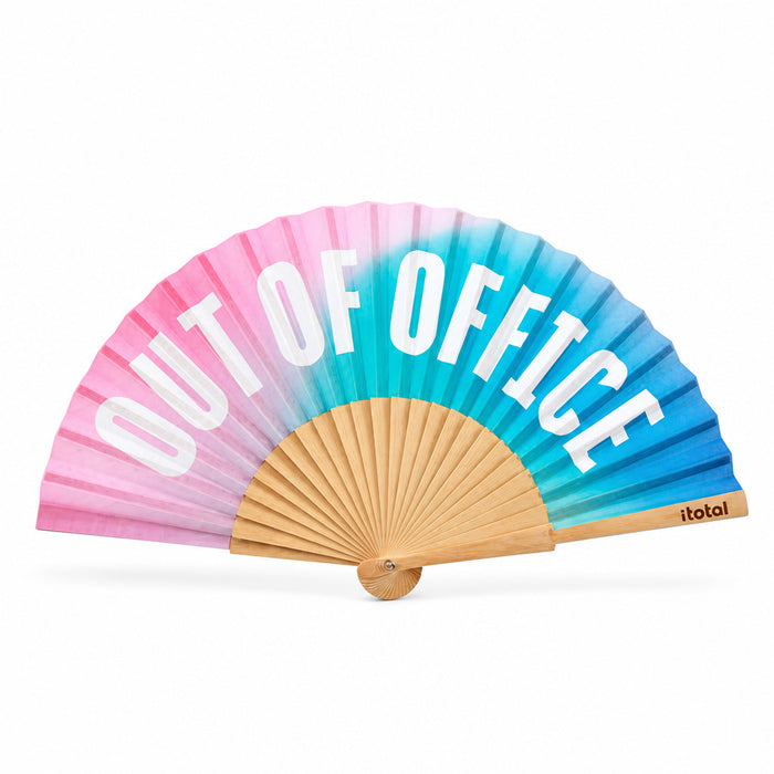 Handfächer Holz Stoff Fächer "Out of Office" Rosa Türkis Blau faltbar Faltfächer