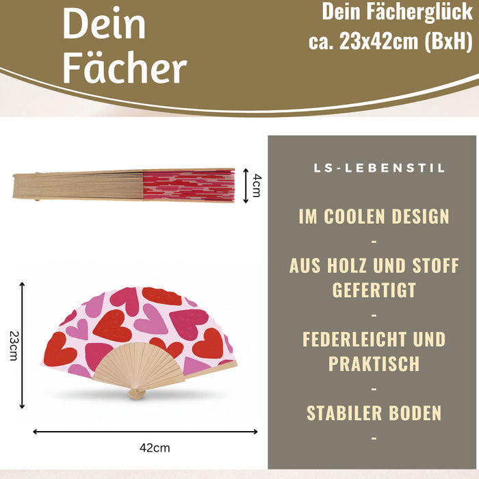 Handfächer Holz Stoff Fächer "Herzen" Rot Pink faltbar Faltfächer