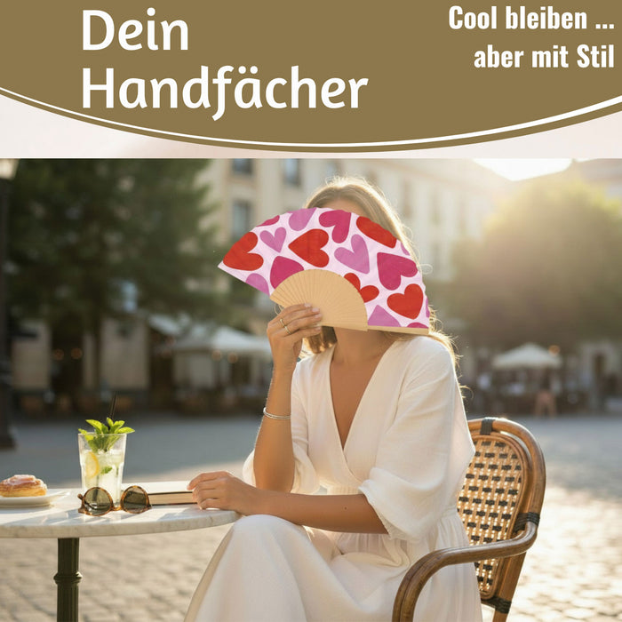 Handfächer Holz Stoff Fächer "Herzen" Rot Pink faltbar Faltfächer
