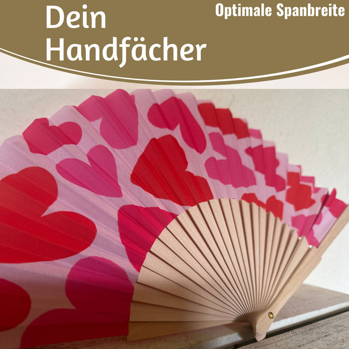 Handfächer Holz Stoff Fächer "Herzen" Rot Pink faltbar Faltfächer