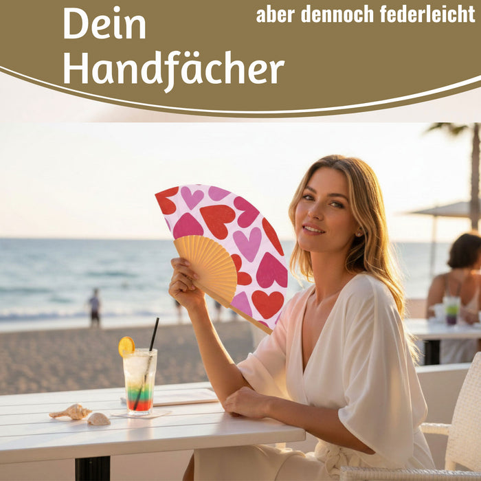 Handfächer Holz Stoff Fächer "Herzen" Rot Pink faltbar Faltfächer