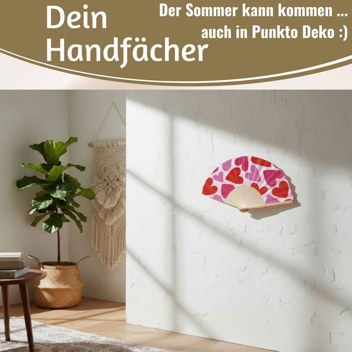 Handfächer Holz Stoff Fächer "Herzen" Rot Pink faltbar Faltfächer