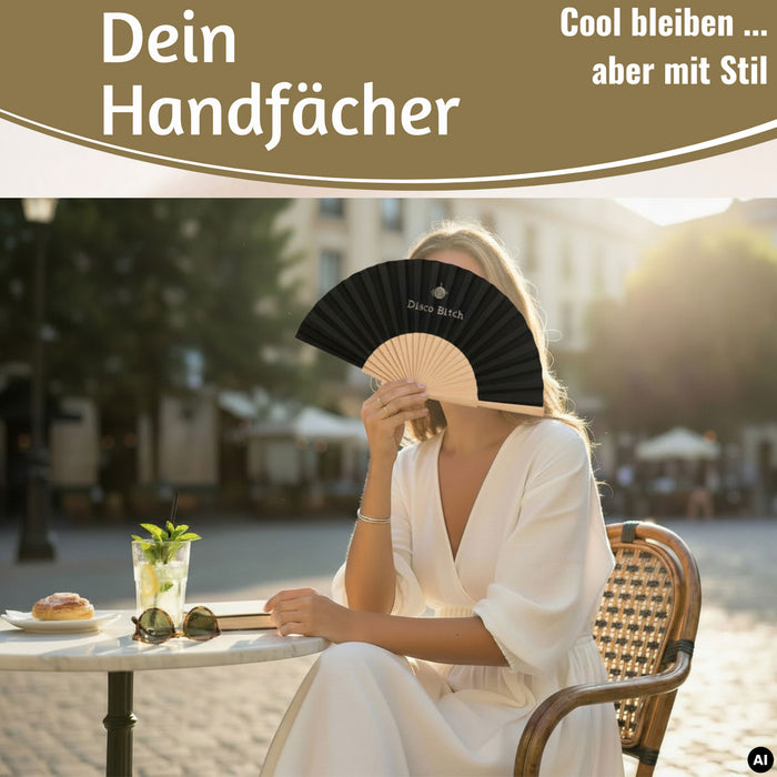 KI-generiertes Bild,Handfächer Holz Stoff Fächer "Karma Baby" Gelb Lila faltbar Faltfächer