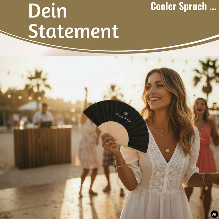 KI-generiertes Bild,Handfächer Holz Stoff Fächer "Karma Baby" Gelb Lila faltbar Faltfächer