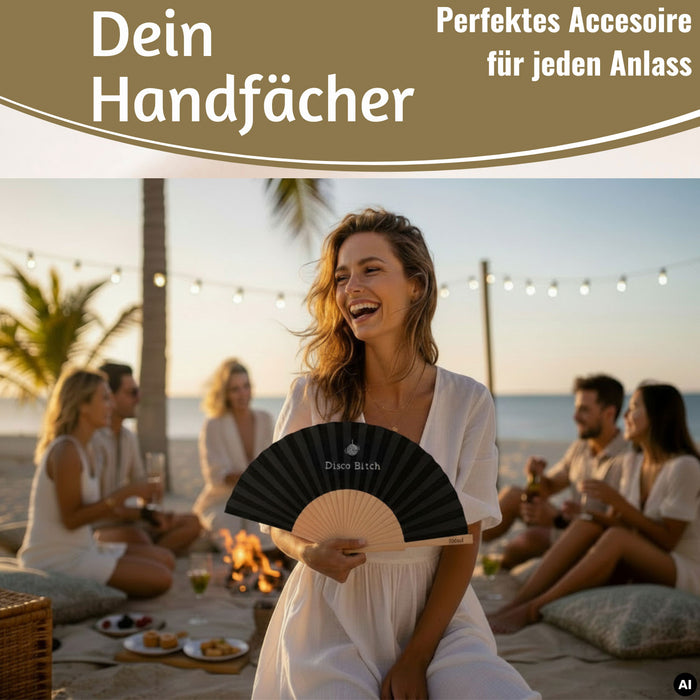 KI-generiertes Bild,Handfächer Holz Stoff Fächer "Karma Baby" Gelb Lila faltbar Faltfächer
