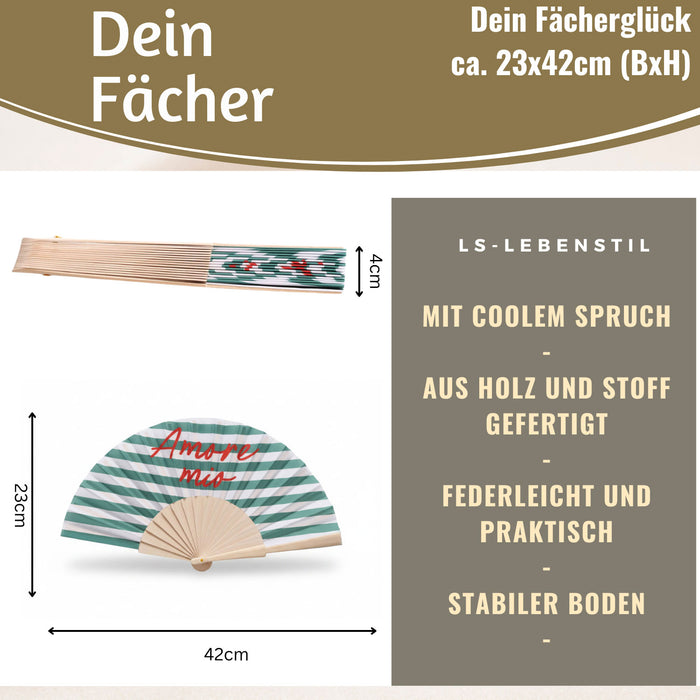 KI-generiertes Bild,Handfächer Holz Stoff Fächer "Amore Mio" Grün Weiß Rot faltbar Faltfächer