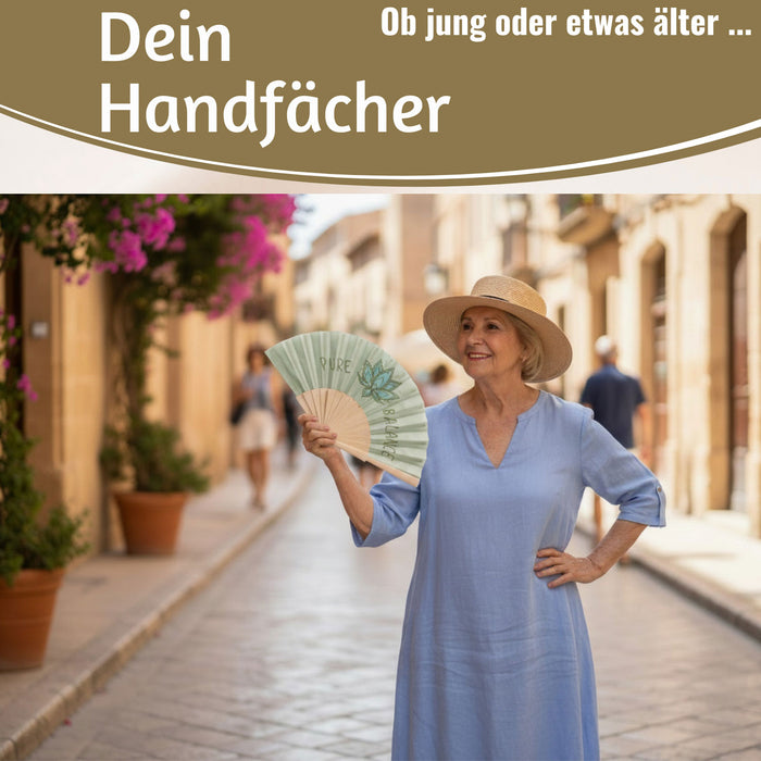 Handfächer Holz Stoff Fächer "PURE BALANCE" Bali Grün Grau faltbar Faltfächer