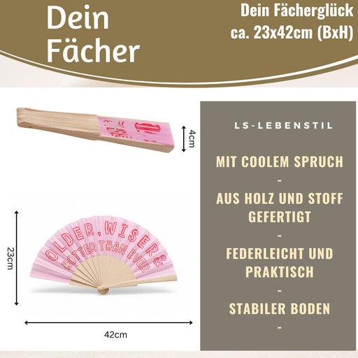Handfächer Holz Stoff Fächer "Older Wiser Hotter" Pink Rot faltbar Faltfächer