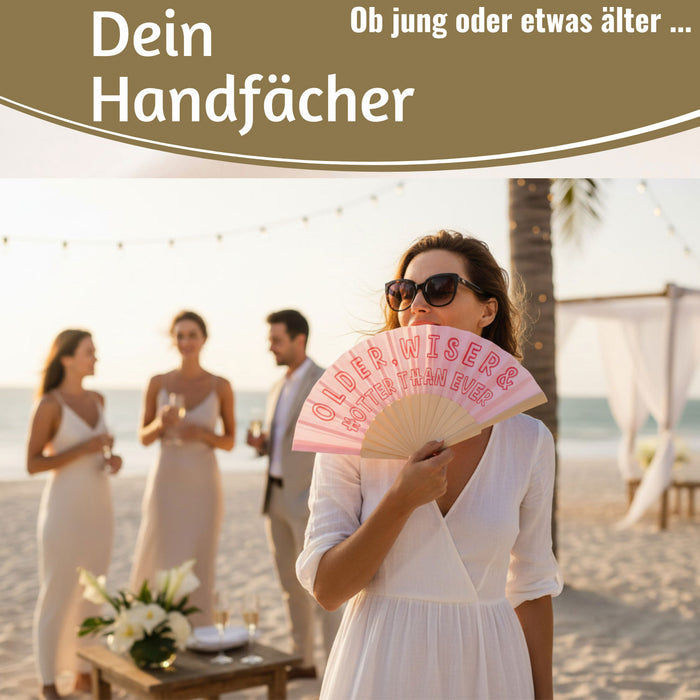KI-generiertes Bild,Handfächer Holz Stoff Fächer "Older Wiser Hotter" Pink Rot faltbar Faltfächer