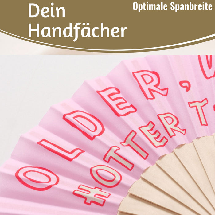 KI-generiertes Bild,Handfächer Holz Stoff Fächer "Older Wiser Hotter" Pink Rot faltbar Faltfächer