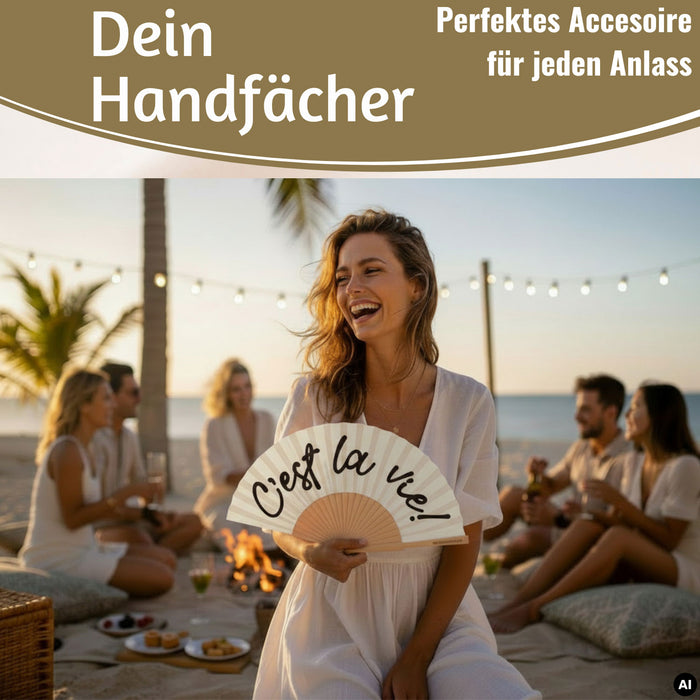 KI-generiertes Bild,Handfächer Holz Stoff Fächer "C´est la Vie" Weiß Schwarz faltbar Faltfächer