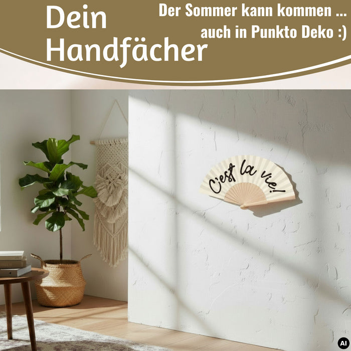 KI-generiertes Bild,Handfächer Holz Stoff Fächer "C´est la Vie" Weiß Schwarz faltbar Faltfächer
