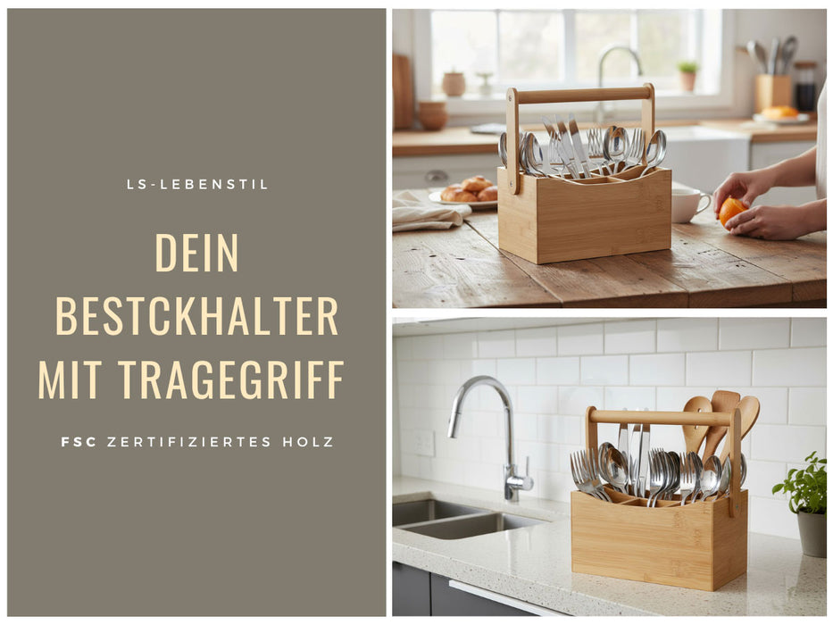 Holz Besteckhalter 22cm Braun 4 Fächer mit Griff Cutlery Besteckkorb Stiftebox