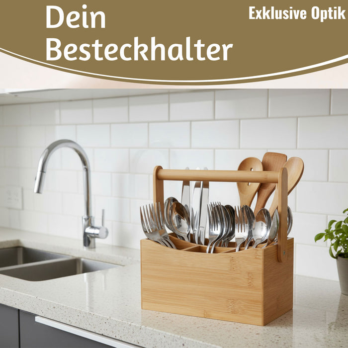KI-generiertes Bild,Holz Besteckhalter 22cm Braun 4 Fächer mit Griff Cutlery Besteckkorb Stiftebox
