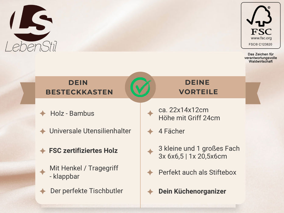 KI-generiertes Bild,Holz Besteckhalter 22cm Braun 4 Fächer mit Griff Cutlery Besteckkorb Stiftebox