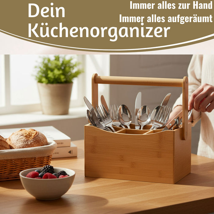 KI-generiertes Bild,Holz Besteckhalter 22cm Braun 4 Fächer mit Griff Cutlery Besteckkorb Stiftebox