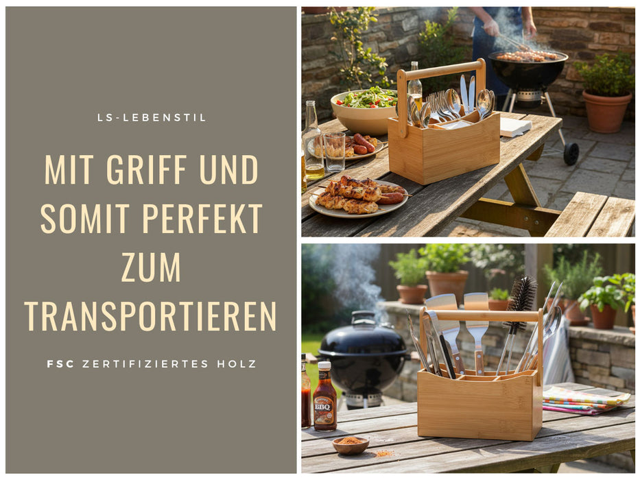 Holz Besteckhalter 22cm Braun 4 Fächer mit Griff Cutlery Besteckkorb Stiftebox